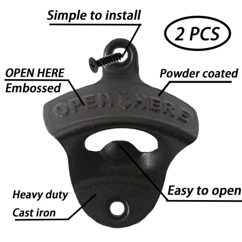 Heavy Duty Cast Iron Wall Mounted Bottle Opener For Draft Beer And Soda In Matte Black Finish Built Like A Tank Perfect Mounting Bracket For Your Garage Bar Or Home Stash Smooth Two Pack, embossed detail.