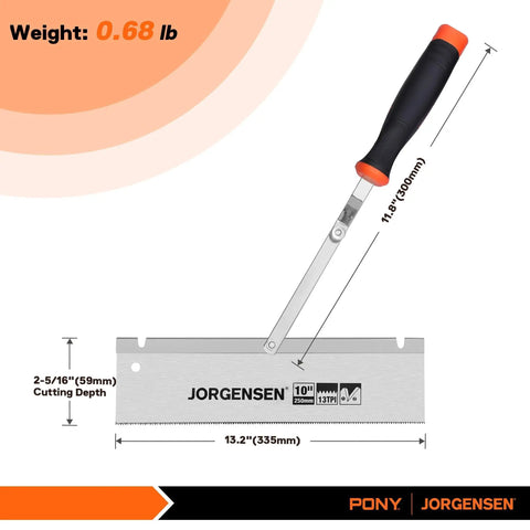 10 Inch Dovetail Jamb Saw With Reversible Blade Spring Loaded Flush Cut 13 TPI Double Ground Teeth Cranked Soft Grip Handle Great For Shortening Door Frames Tile Prep And Installation SK5 Steel Blade, shown with dimensions and weight details.