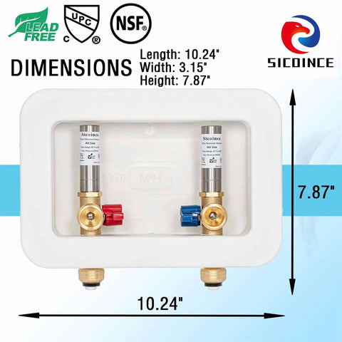 Image showing dimensions of Washing Machine Outlet Box With Water Hammer Arrestor And 1/4 Turn Ball Valves, Easy Install.
