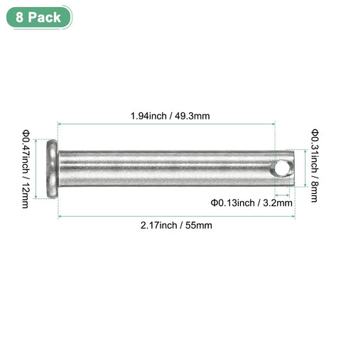 Eight Pack M8 By 55mm Stainless Steel Clevis Pins Flat Head 304 Stainless Single Hole Quick Release Link Pins For Mechanical Linkages Trucks Lawn Mowers Hinges Rigging Reusable, dimensioned side view