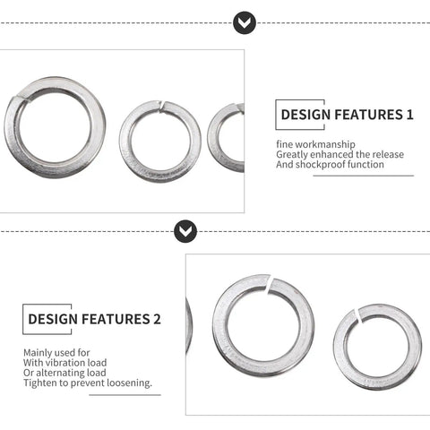 Close-up of stainless steel spring lock washers from 600-piece set with flat spacers, featuring design attributes and descriptions.