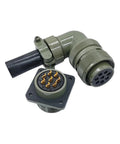 MS3108 military-spec circular connector close-up, olive-drab green, multi-pin plug and panel-mount receptacle