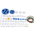 64 Kinds Plastic Gears, Pulleys, And Belts Kit For Robot Motors, Engineering Projects, And Model Making, spread on white background