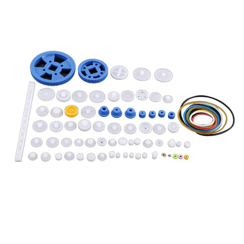 64 Kinds Plastic Gears, Pulleys, And Belts Kit For Robot Motors, Engineering Projects, And Model Making, spread on white background