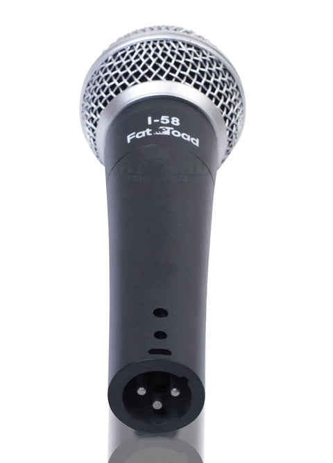Live Performance Ready Cardioid Dynamic Microphone 3 Pack With Clips And 20 Foot XLR Cables For Stage Studio DJ And Karaoke Use Pro Handheld Mics Delivering Clear Rich Vocal Response, close-up of a black microphone with metal grille.