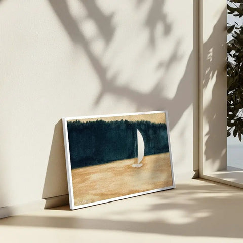 Sailboat And Landscape Ocean Wall Art Print Minimalist Seascape Canvas Watercolor Coastline Poster For Living Room 8x10