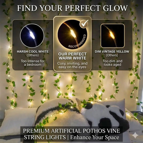 Vine With Fairy Lights Battery Operated 33Ft 100 LED Pothos String Lights With Remote Warm White Leaves on bedroom wall
