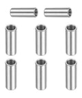 Slick Rolling Pack Of Eight Oilless Sleeve Bearings 5mm Bore by 7mm Outside Diameter X 20mm Length Aisi 52100 Steel Bushings arranged in a grid.