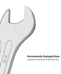 Close-up of Ultra Thin Open End Wrench Set Master Set with size marking, low profile head, 15 degree angled tip.