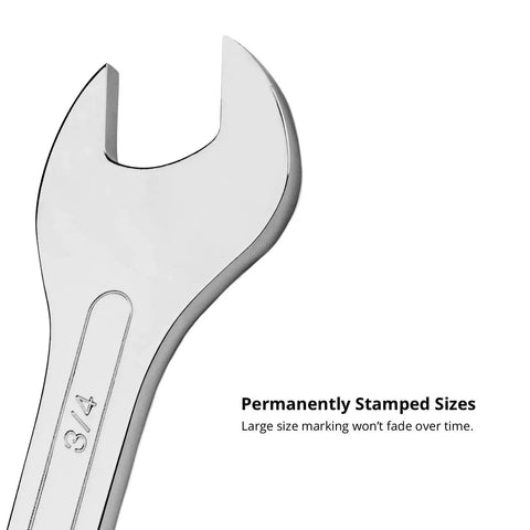 Close-up of Ultra Thin Open End Wrench Set Master Set with size marking, low profile head, 15 degree angled tip.