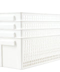 Stacked Top Shelf White Plastic Storage Baskets Real Deal Solution For Counters And Under Cabinet Organization with vents and handles.
