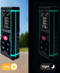 Heavy Duty Red Laser Distance Meter Measures Up To 393 Ft With Smart Tilt Sensor And Backlit Screen in day and night views.
