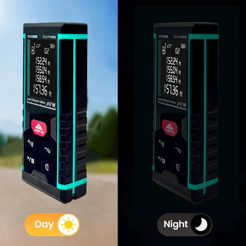 Heavy Duty Red Laser Distance Meter Measures Up To 393 Ft With Smart Tilt Sensor And Backlit Screen in day and night views.