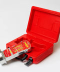 Pro Grade Magnetic Camber Caster And KPI Alignment Gauge With Bullseye Bubble Vials resting in a red case for garage work.