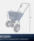 Estate Broadcast Spreader With Rain Cover Combo Pack For Fertilizer And Ice Melt, 65 lb capacity, dimensions shown, black model