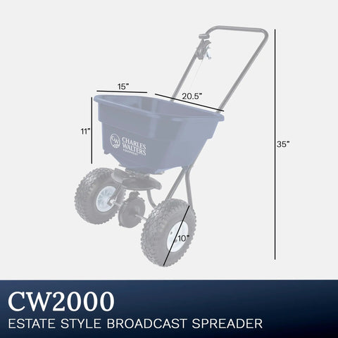 Estate Broadcast Spreader With Rain Cover Combo Pack For Fertilizer And Ice Melt, 65 lb capacity, dimensions shown, black model