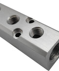 Close-up of 9 Way Pneumatic Manifold Air Distribution Block Heavy Duty Aluminum Alloy With Dual G1/2 Inlets And Nine G1/4 Outlets