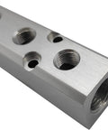Rock Solid 10 Way Pneumatic Manifold Air Distribution Block Sports Dual G1/2 Inch Intake and G1/4 Inch Exhaust Ports sleek aluminum close-up