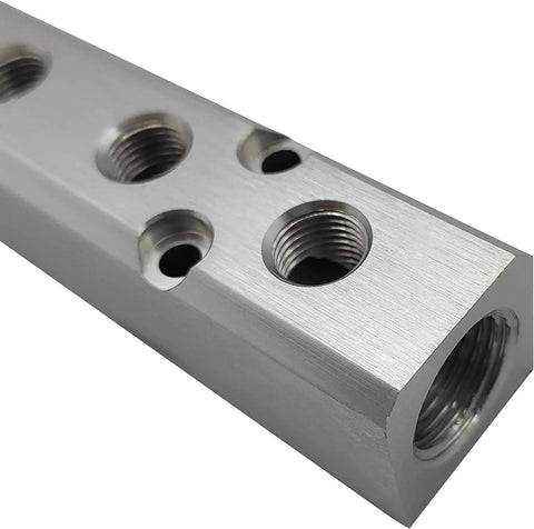 Rock Solid 10 Way Pneumatic Manifold Air Distribution Block Sports Dual G1/2 Inch Intake and G1/4 Inch Exhaust Ports sleek aluminum close-up