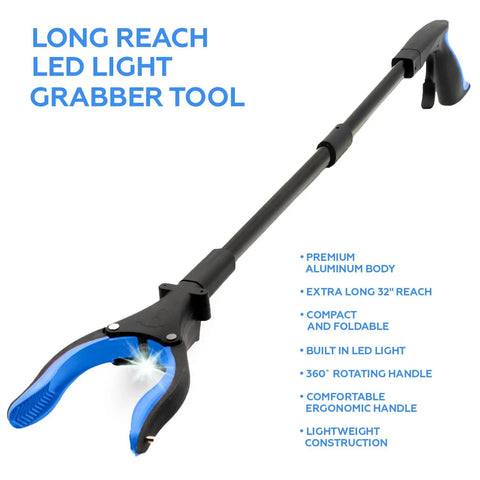 32 Inch Long Reach Grabber Tool With Aluminum Foldable Design LED Light Magnetic Tip And Strong Grip Claw For Quick Grab And Go Pickup Of Remote Trash Shelves And Other Hard To Reach Items Lightweight And Senior Friendly