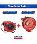 Lincoln 1220B Pro Shop Utility Reel Kit With Air Water Retractable Hose Reel 50 Ft And 60 Ft Tri Tap Power Cord Reel Auto Guide Rewind Magnetic Brake For Industrial Garage Use