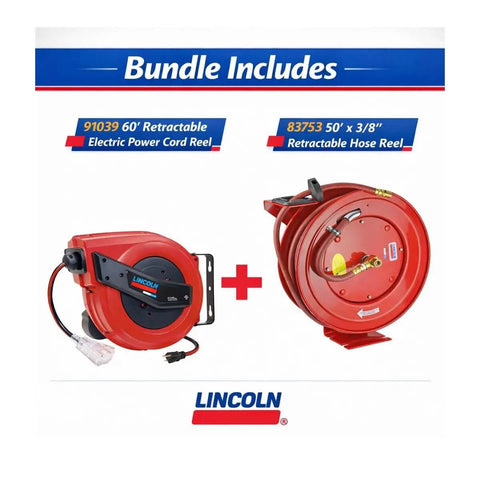 Lincoln 1220B Pro Shop Utility Reel Kit With Air Water Retractable Hose Reel 50 Ft And 60 Ft Tri Tap Power Cord Reel Auto Guide Rewind Magnetic Brake For Industrial Garage Use