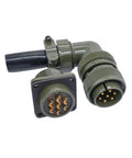 MIL-C circular connector pair with right-angle elbow, olive housing, gold-plated pins, square flange receptacle