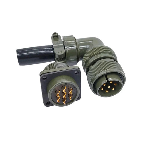 MIL-C circular connector pair with right-angle elbow, olive housing, gold-plated pins, square flange receptacle