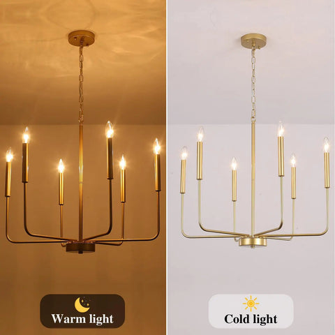 Dope Gold 6-Light Farmhouse Chandelier Ceiling Pendant Light for Dining Room showing warm and cold lighting options.