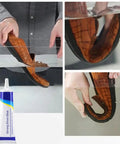 Waterproof Quick Dry Super Strong Shoe Glue For Sneakers Boots Sandals And Hiking Shoes Multi Purpose Adhesive For Fast Repairs Clear Formula With Precision Needle Tip Easy Application One Pack Sticks Like Crazy showing application on shoe