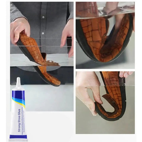 Waterproof Quick Dry Super Strong Shoe Glue For Sneakers Boots Sandals And Hiking Shoes Multi Purpose Adhesive For Fast Repairs Clear Formula With Precision Needle Tip Easy Application One Pack Sticks Like Crazy showing application on shoe