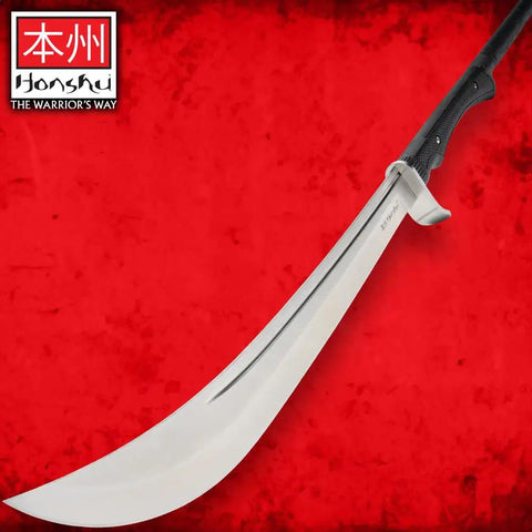 Naginata Japanese Polearm Sword With Sheath Satin Finished 18 Inch 7Cr13 Stainless Steel Blade against red background