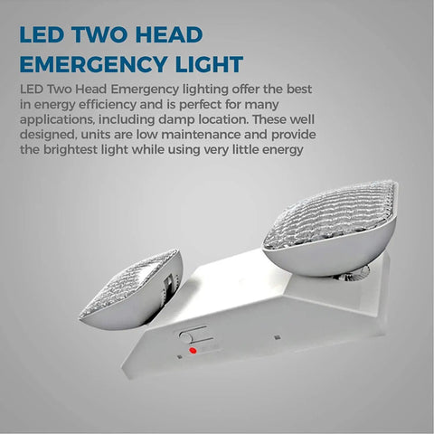 Close-up of a dual head LED emergency light with battery backup for indoor power outages.