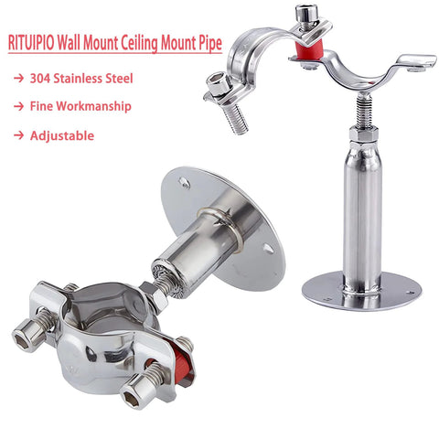 Two stainless steel wall/ceiling pipe supports with flange bases and adjustable height (30–60mm) for 15–19mm OD pipe.