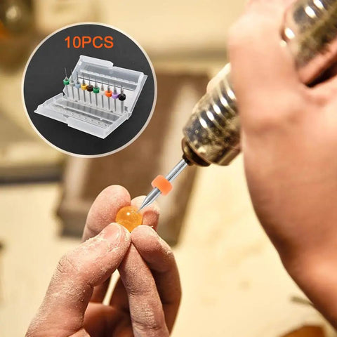 Person using Pipe Vise Micro Mini Hand Drill Set With Premium HSS Micro Bits For Arts And Crafts Jewelry Making And Resin Work includes 25 HSS Bits And 10 PCB Bits For Precise Tiny Drilling In A Compact Pin Vise Kit 1.5x0.13 Inch on a small object. Close-up of drill and bits with insert showing bit set.