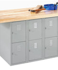 Heavy Gauge Steel Garage Workbench With Six Secure Lockers, Thick Hardwood Top Workspace Station For Power Tools And Daily Grind, 64 Inch Wide Shop Repair Table Without Vises, Beast Mode Setup, gray lockers and maple top