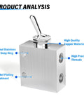2 Position 3 Way Pneumatic Valve With 1 Eighth Inch NPT Ports, Manual Toggle Actuator HL-2301 showcasing materials and features