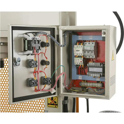 Inside view of control box showing electrical components for No Nonsense 30 Ton Electric Hydraulic Shop Press Heavy Workhorse For Auto Shop Repair.