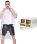 Your Go To Disposable Rain Ponchos With Drawstring Hood For Adults, Emergency Family Pack, clear poncho on person with packaging
