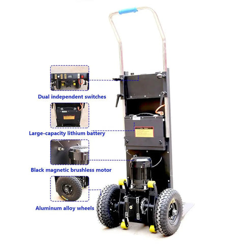 Top Tier Electric Stair Climbing Trolley Hand Truck With 1200W Brushless Motor showing features like battery and wheels.