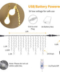 Diagram showing components and size of Fairy Curtain Lights USB Powered And Battery Operated 13ft 96 LED Globe Icicle String.