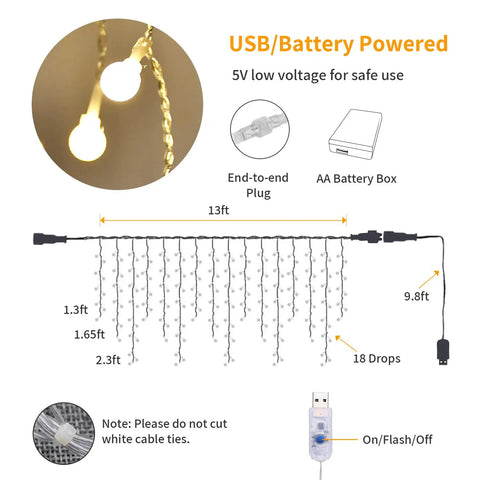Diagram showing components and size of Fairy Curtain Lights USB Powered And Battery Operated 13ft 96 LED Globe Icicle String.