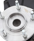 Close-up view of front left wheel hub bearing and steering knuckle assembly, silver metal with bolt-on design, part number 698405.