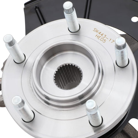 Close-up view of front left wheel hub bearing and steering knuckle assembly, silver metal with bolt-on design, part number 698405.