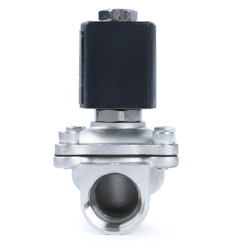 Front view of Three Quarter Inch Stainless Steel Solenoid Valve, Rock Solid 12V DC Normally Closed, 145 PSI Electric Valve