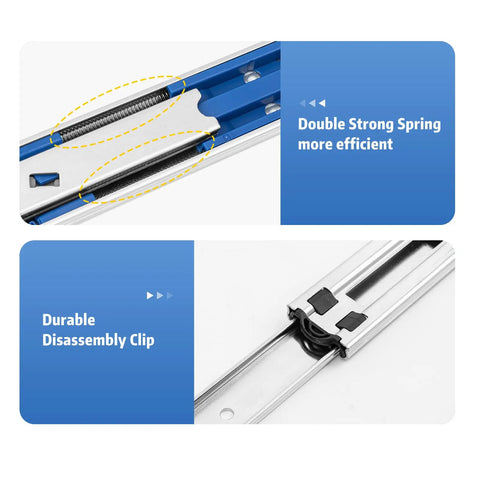 Close-up of 12 Pairs 22 Inch Soft Close Drawer Slides, highlighting strong spring and disassembly clip, 100 lb capacity, ball bearing rails.