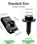 Diagram of 60 Pcs U Nut Clips And Hex Head Bolts Kit For Most Cars SUVs And Trucks Universal Auto Body Fasteners dimensions