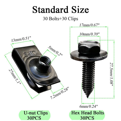 Diagram of 60 Pcs U Nut Clips And Hex Head Bolts Kit For Most Cars SUVs And Trucks Universal Auto Body Fasteners dimensions