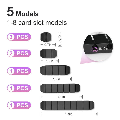 Diagram showing 5 models of cable slot holders in All In One Cable Management Kit For Desk Car And Office With 188 Pieces
