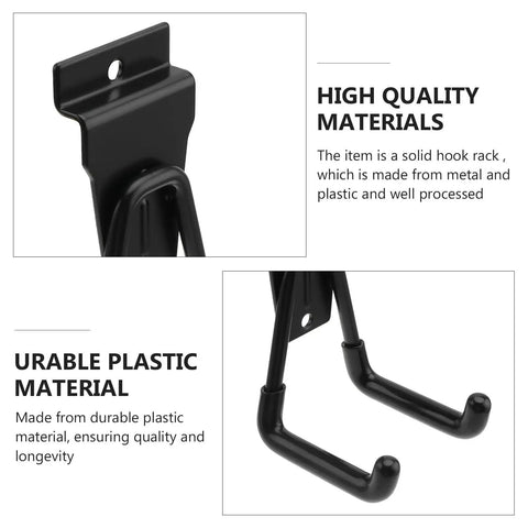 Close-up of Badass Heavy Duty Black Metal Wall Hanger Hooks, showcasing metal and plastic construction for durable storage.